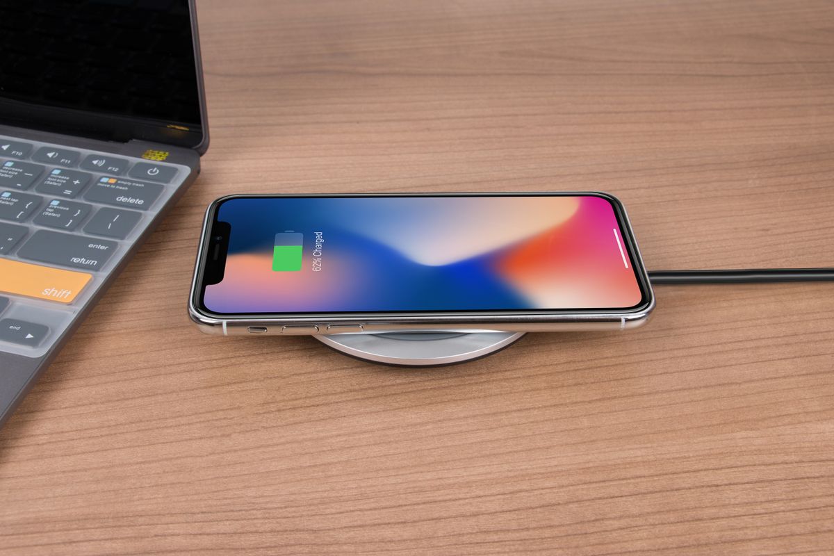 Smartphone Stand with Wireless Charger in use